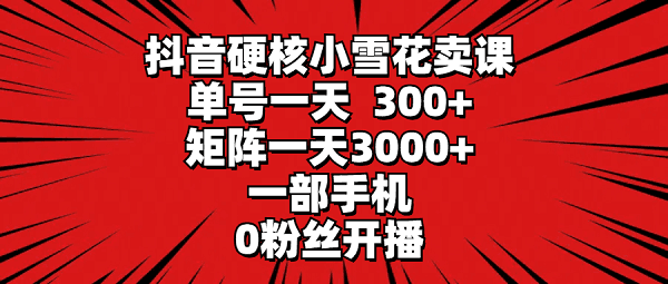 抖音硬核小雪花卖课，单号一天300+，一部手机0粉丝开播 矩阵一天3000+-阿灿学库
