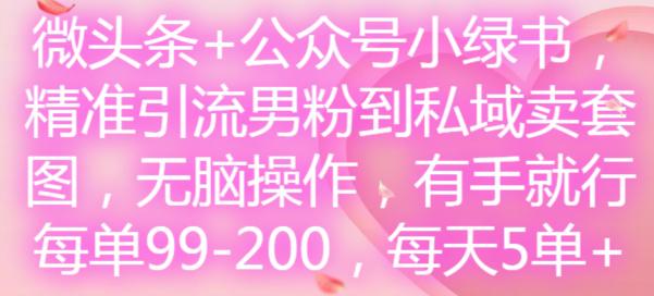微头条+公众号小绿书,精准引流男粉到私域卖套图,无脑操作,有手就行,每单99-200,每天5单 微头条+公众号小绿书,精准引流男粉到私域卖套图,无脑操作,有手就行,每单99-200,每天5单