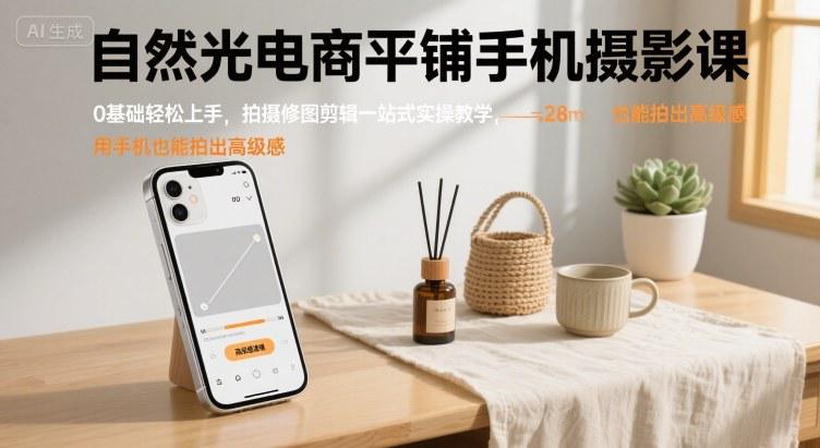 自然光电商平铺手机摄影课,0基础轻松上手,拍摄修图剪辑一站式实操教学,用手机也能拍出高级感 -1 自然光电商平铺手机摄影课,0基础轻松上手,拍摄修图剪辑一站式实操教学,用手机也能拍出高级感 -1