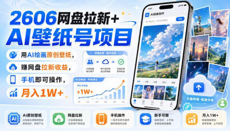 2606网盘拉新+AI壁纸号项目,用AI绘画原创壁纸,賺网盘拉新收益,手机即可操作,月入1W+ -1 2606网盘拉新+AI壁纸号项目,用AI绘画原创壁纸,賺网盘拉新收益,手机即可操作,月入1W+ -1