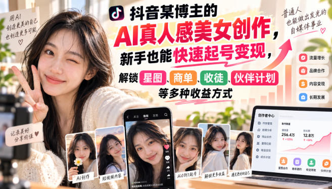 抖音某博主的AI真人感美女创作，新手也能快速起号变现，解锁星图，商单，收徒，伙伴计划等多种收益方式-阿灿学库