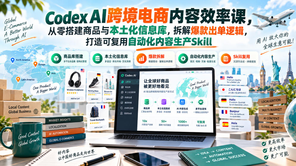 Codex AI跨境电商内容效率课,从零搭建商品与本土化信息库,拆解爆款出单逻辑,打造可复用自动化内容生产Skill-阿灿学库