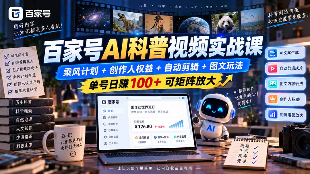百家号AI科普视频实战课：乘风计划+创作人权益+自动剪辑+图文玩法，单号日赚100+可矩阵放大-阿灿学库