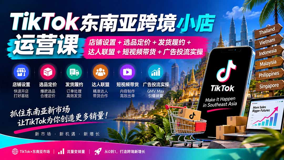 TikTok东南亚跨境小店运营课：店铺设置+选品定价+发货履约+达人联盟+短视频带货+广告投流实操-阿灿学库