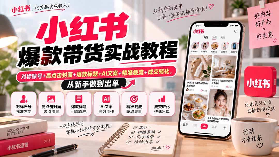小红书爆款带货实战教程｜对标账号+高点击封面+爆款标题+AI文案+精准截流+成交转化，从新手做到出单-阿灿学库
