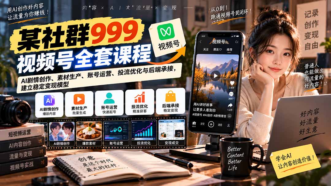 【无水印】某社群999视频号全套课程：AI剧情创作、素材生产、账号运营、投流优化与后端承接，建立稳定变现模型-阿灿学库