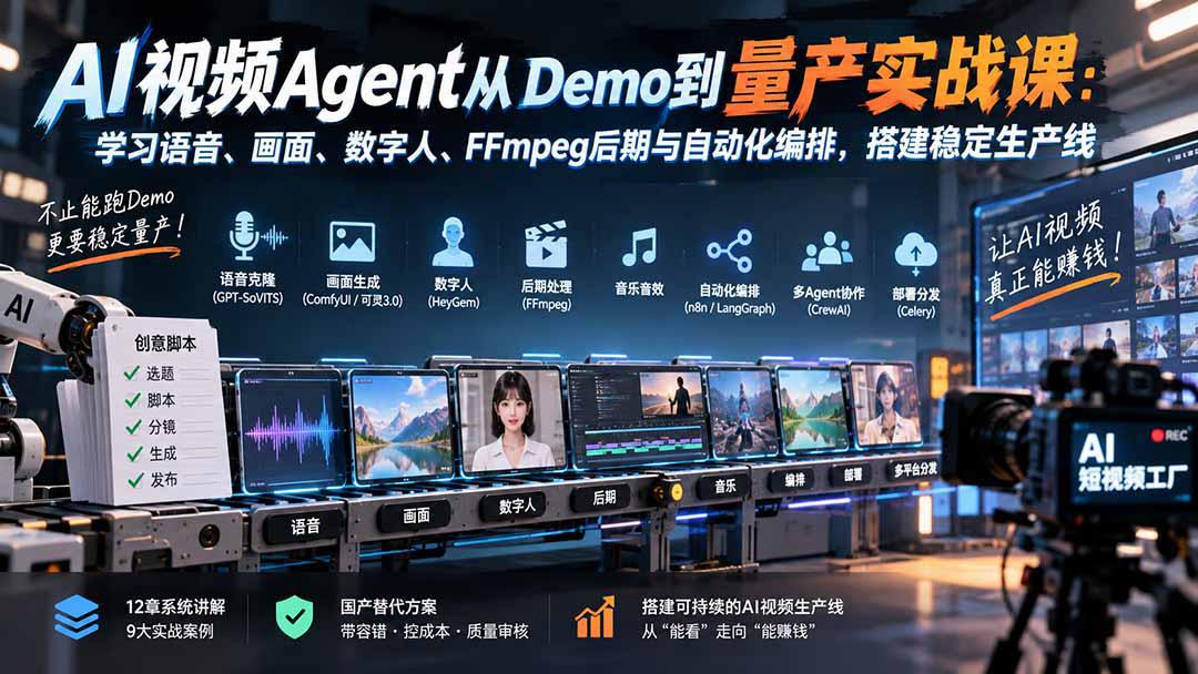 AI视频Agent从Demo到量产实战课：学习语音、画面、数字人、FFmpeg后期与自动化编排，搭建稳定生产线-阿灿学库