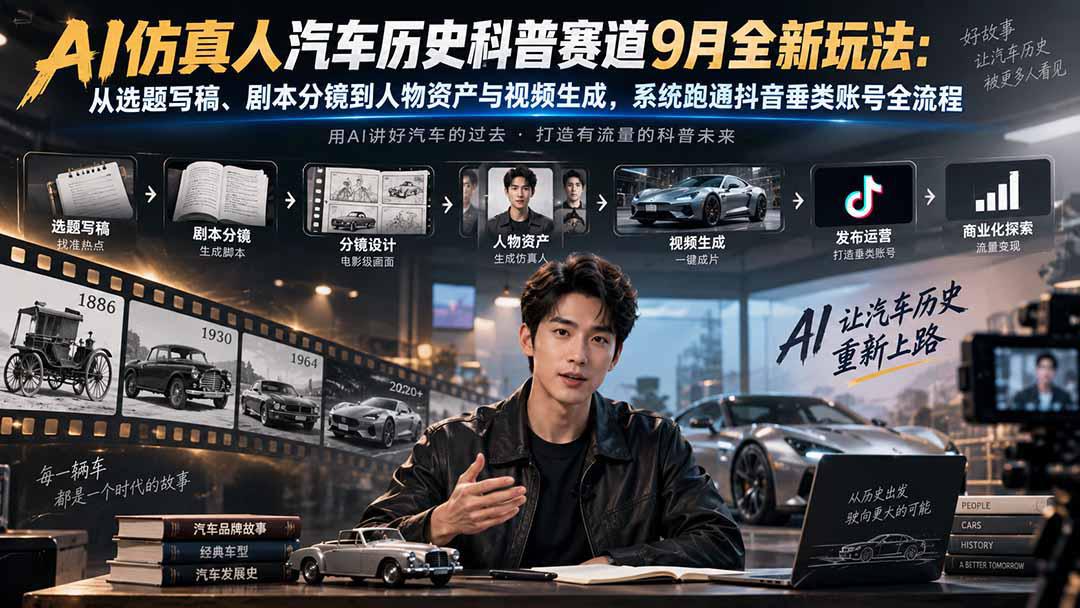 AI仿真人汽车历史科普赛道9月全新玩法:从选题写稿、剧本分镜到人物资产与视频生成,系统跑通抖音垂类账号全流程-阿灿学库