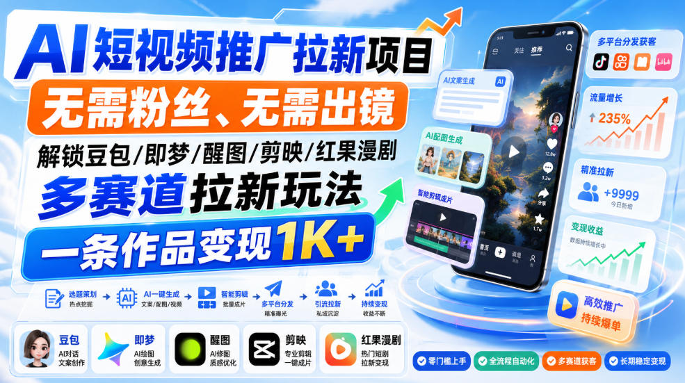 AI短视频推广拉新项目，无需粉丝、无需出镜，解锁豆包/即梦/醒图/剪映/红果漫剧多赛道拉新玩法，一条作品变现1K+(更新0918)-阿灿学库