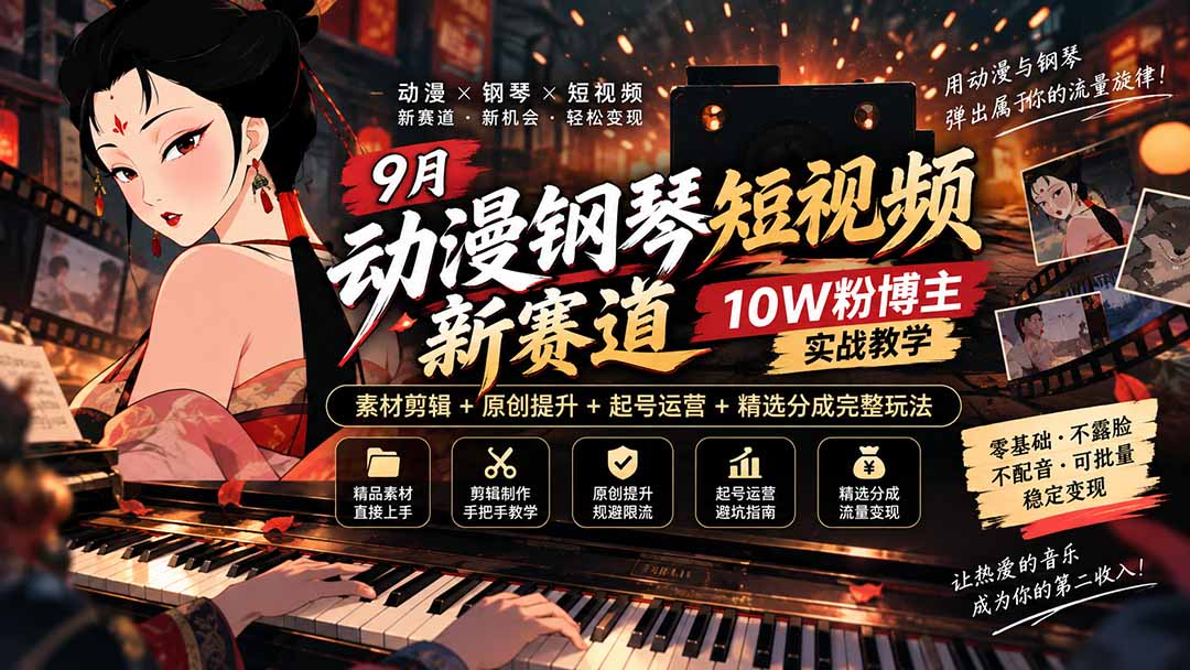 9月动漫钢琴短视频新赛道｜10W粉博主实战教学，素材剪辑+原创提升+起号运营+精选分成完整玩法-阿灿学库