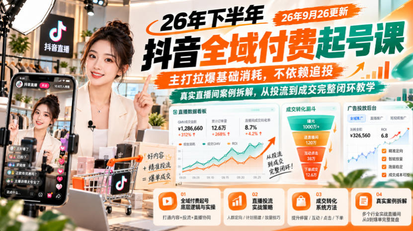 26年下半年抖音全域付费起号课26年9月26更新,主打拉爆基础消耗,不依赖追投,真实直播间案例拆解,从投流到成交完整闭环教学-阿灿学库