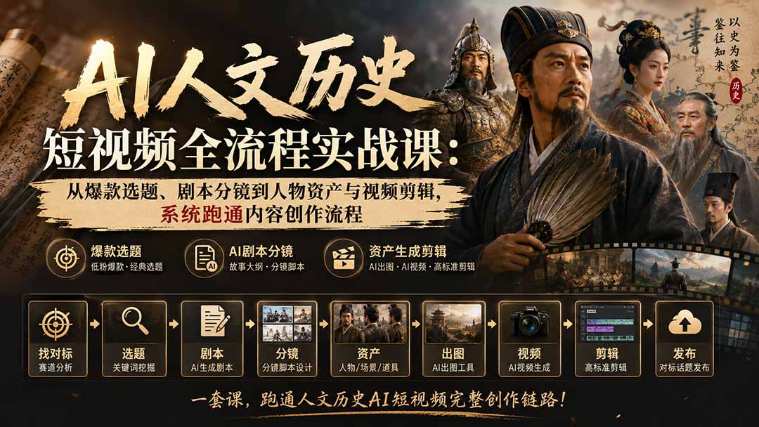 AI人文历史短视频全流程实战课-更新：从爆款选题、剧本分镜到人物资产与视频剪辑，系统跑通内容创作流程-阿灿学库