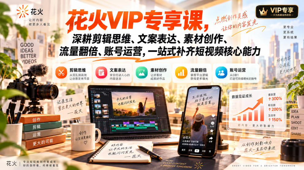 花火VIP专享课，深耕剪辑思维、文案表达、素材创作、流量翻倍、账号运营，一站式补齐短视频核心能力-阿灿学库