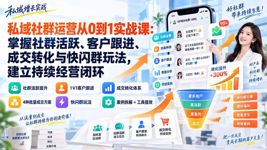私域社群运营从0到1实战课：掌握社群活跃、客户跟进、成交转化与快闪群玩法，建立持续经营闭环-阿灿学库