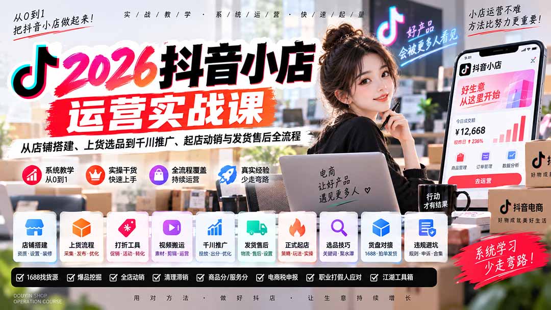 2026抖音小店运营实战课｜从店铺搭建、上货选品到千川推广、起店动销与发货售后全流程-阿灿学库