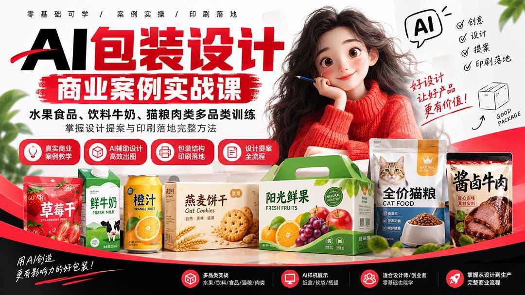 AI包装设计商业案例实战课：水果食品、饮料牛奶、猫粮肉类多品类训练，掌握设计提案与印刷落地完整方法-阿灿学库