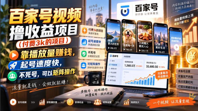 百家号视频撸收益项目(付费3k的项目)，靠播放量賺钱，起号速度快，不死号，可以矩阵操作-阿灿学库