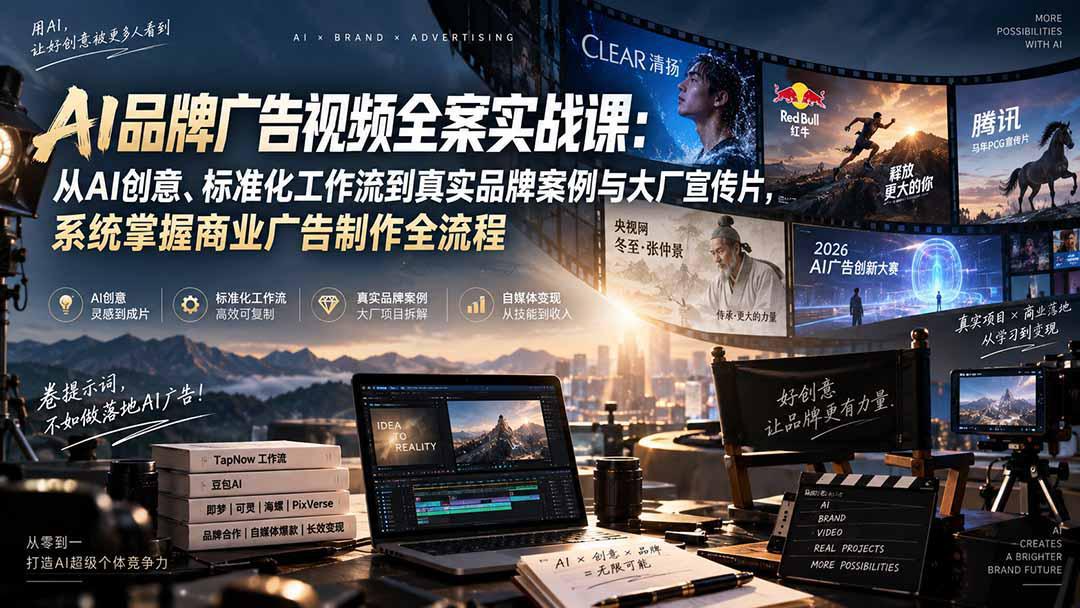 AI品牌广告视频全案实战课：从AI创意、标准化工作流到真实品牌案例与大厂宣传片，系统掌握商业广告制作全流程-阿灿学库
