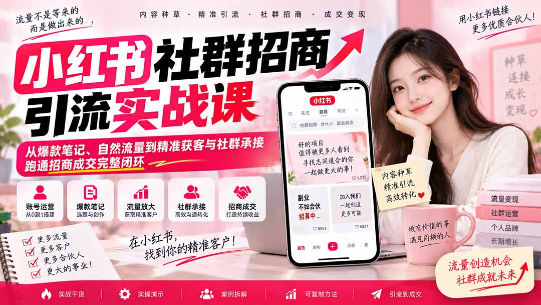 小红书社群招商引流实战课-无水印：从爆款笔记、自然流量到精准获客与社群承接，跑通招商成交完整闭环-阿灿学库