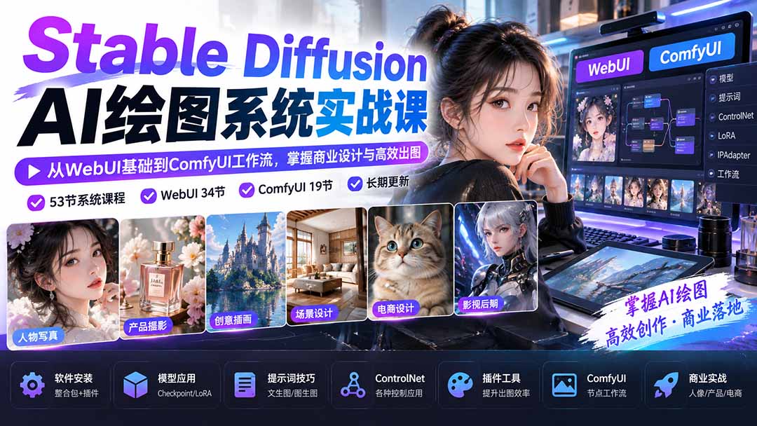 【无水印】Stable Diffusion AI绘图系统实战课:从WebUI基础到ComfyUI工作流,掌握商业设计与高效出图-阿灿学库