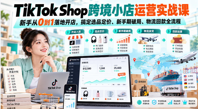 TikTok Shop跨境小店运营实战课,新手从0到1落地开店,搞定选品定价、新手期破局、物流回款全流程-阿灿学库