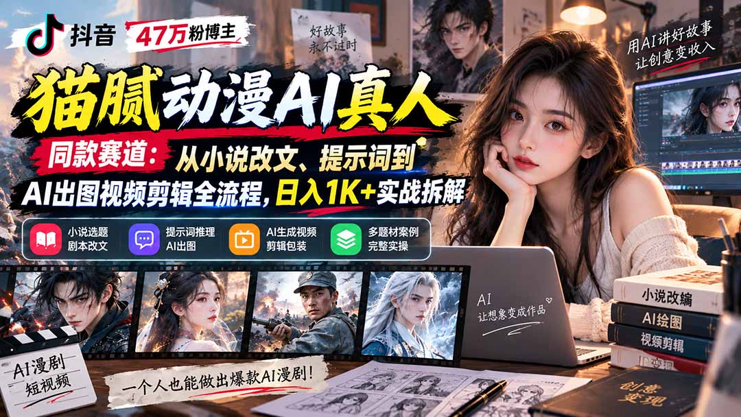抖音47万粉博主猫腻动漫AI真人同款赛道：从小说改文、提示词到AI出图视频剪辑全流程，日入1K+实战拆解-阿灿学库