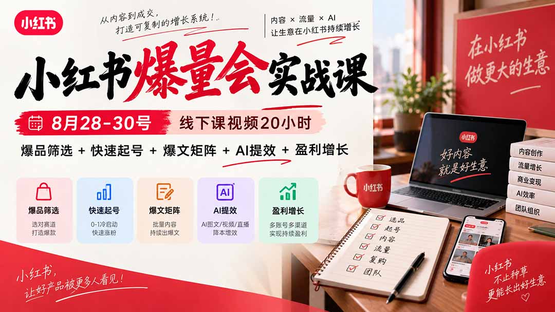 小红书爆量会实战课-更新9月17：线下课视频20小时，爆品筛选+快速起号+爆文矩阵+AI提效+盈利增长-阿灿学库