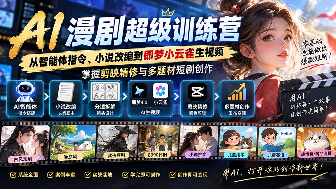 AI漫剧超级特训营：从智能体指令、小说改编到即梦小云雀生视频，掌握剪映精修与多题材短剧创作-阿灿学库