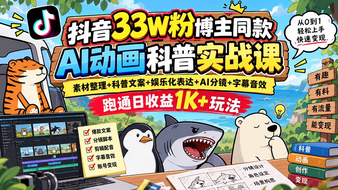抖音33W粉博主同款AI动画科普实战课|素材整理+科普文案+娱乐化表达+AI分镜+字幕音效,跑通日收益1K+玩法-阿灿学库