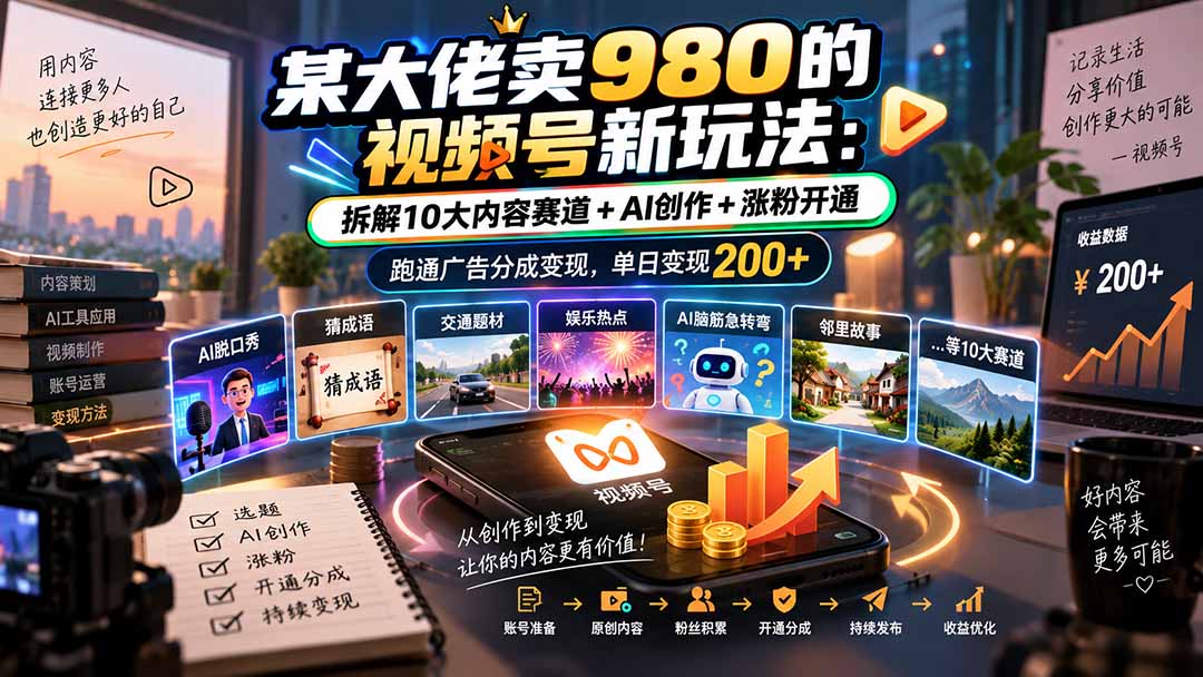 某大佬卖980的视频号新玩法：拆解10大内容赛道+AI创作+涨粉开通，跑通广告分成变现，单日变现200+-阿灿学库