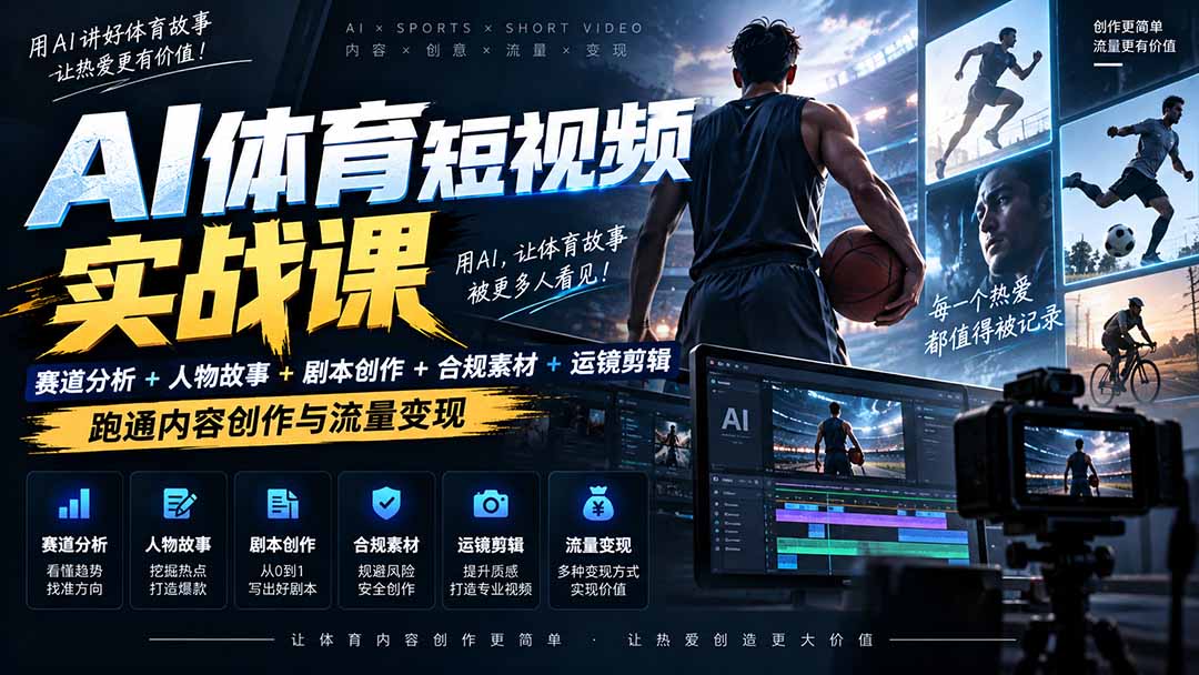 AI体育短视频赛道顶级玩法｜赛道分析+人物故事+剧本创作+版权处理+运镜剪辑，跑通流量变现-日赚1K+-阿灿学库