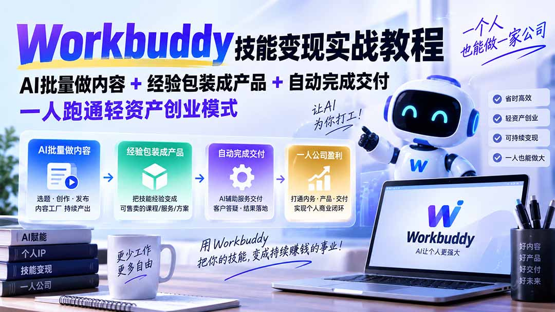 Workbuddy技能变现实战教程：AI批量做内容+经验包装成产品+自动完成交付，一人跑通轻资产创业模式-阿灿学库
