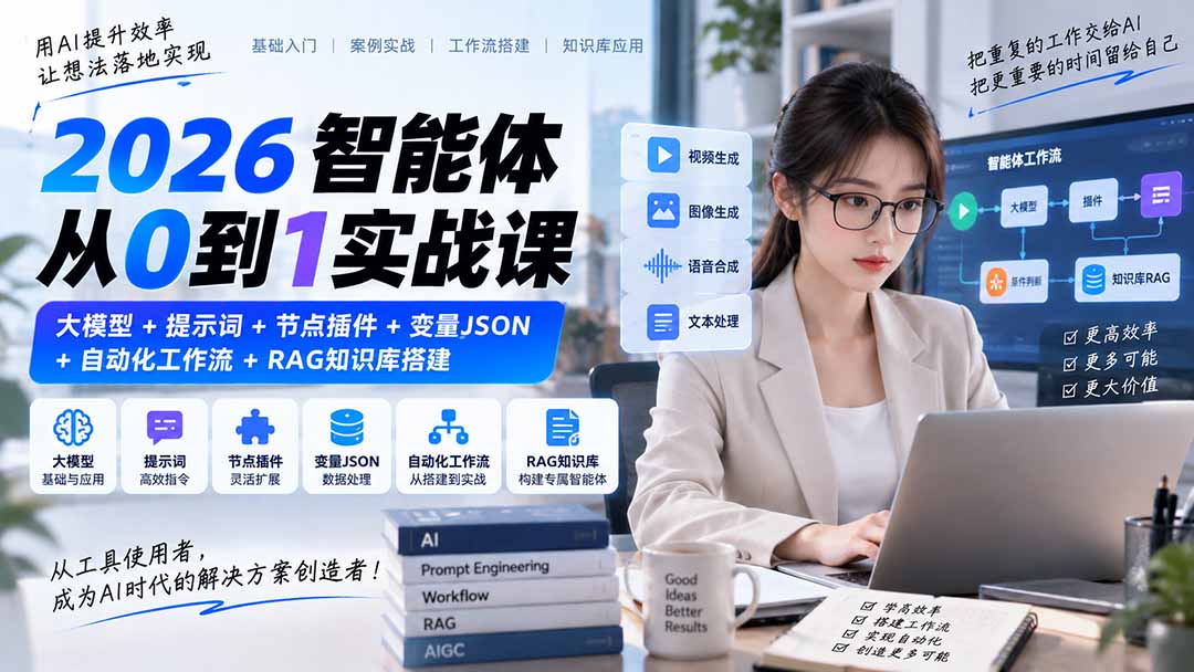 2026智能体从0到1实战课｜大模型+提示词+节点插件+变量JSON+自动化工作流+RAG知识库搭建-阿灿学库