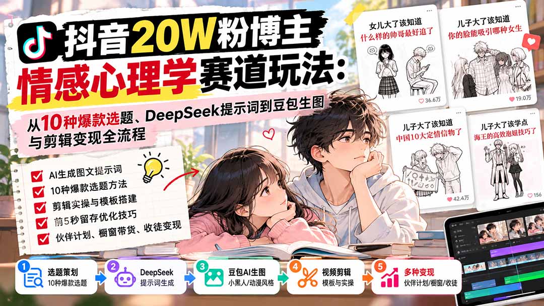 抖音20W粉博主-情感心理学赛道玩法:从10种爆款选题、DeepSeek提示词到豆包生图与剪辑变现全流程-阿灿学库