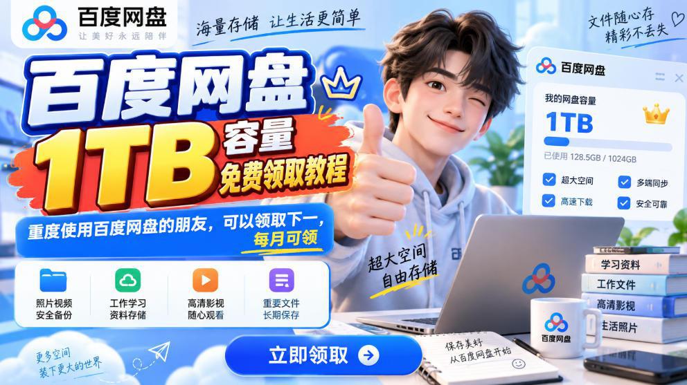 百度网盘1TB容量免费领取教程，重度使用百度网盘的朋友，可以领取下一，每月可领-阿灿学库