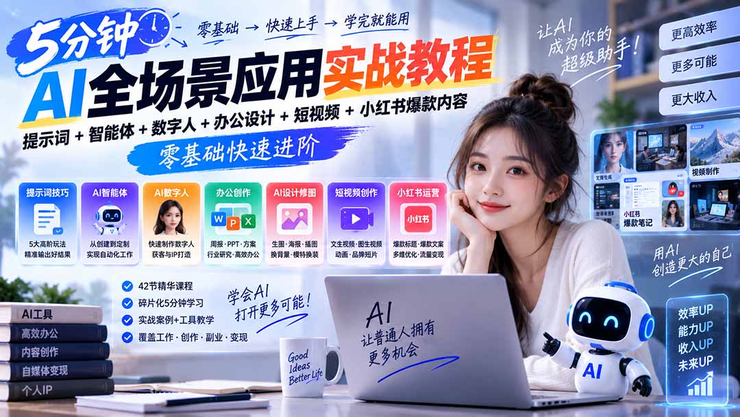 AI全场景应用实战教程｜提示词+智能体+数字人+办公设计+短视频+小红书爆款内容，零基础快速进阶-阿灿学库