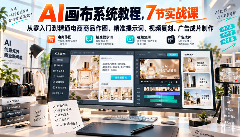 AI画布系统教程，7节实战课从零入门到精通电商商品作图、精准提示词、视频复刻、广告成片制作-阿灿学库