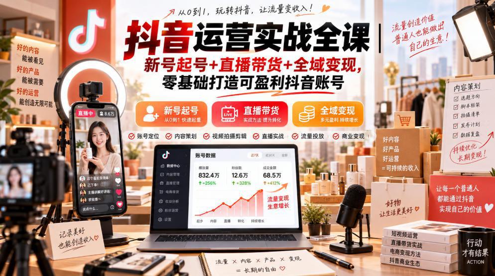 抖音运营实战全课｜新号起号+直播带货+全域变现，零基础打造可盈利抖音账号-阿灿学库