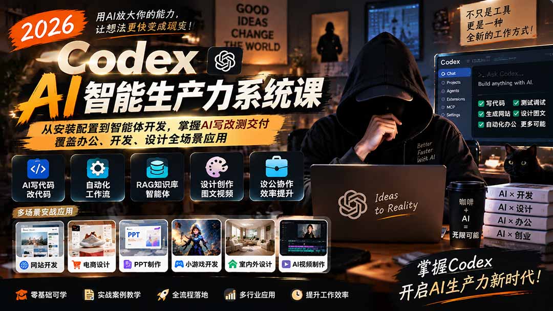 2026 Codex AI智能生产力系统课-更新｜从安装配置到智能体开发，掌握AI写改测交付，覆盖办公、开发、设计全场景应用-阿灿学库