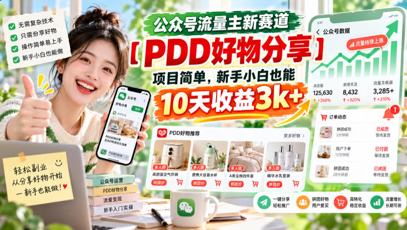 公众号流量主新赛道【PDD好物分享】，项目简单，新手小白也能10天收益3k+-阿灿学库