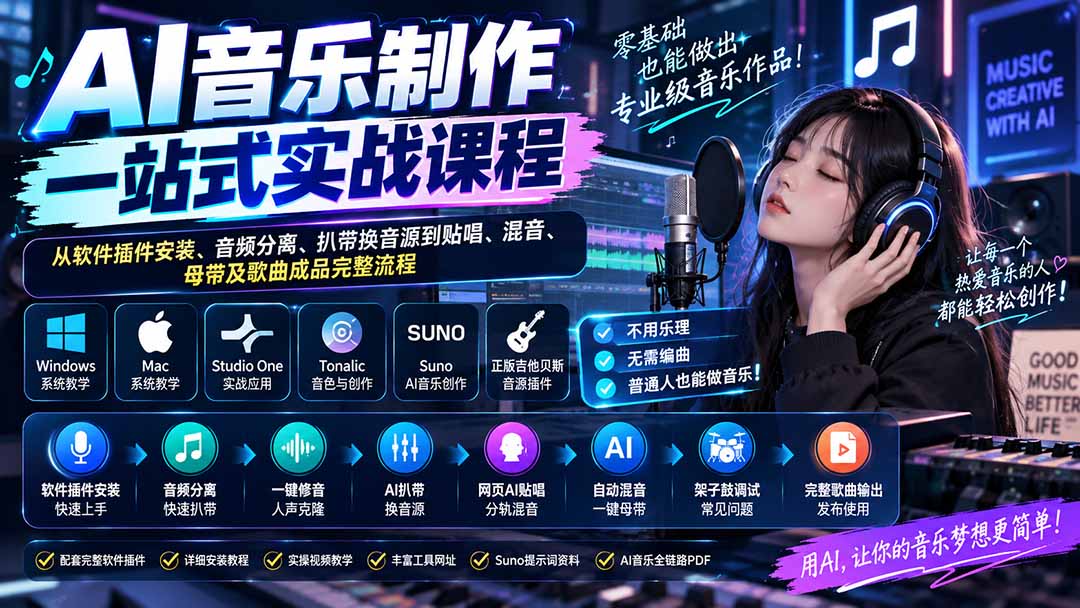 AI音乐制作一站式实战课程：从软件插件安装、音频分离、扒带换音源到贴唱、混音、母带及歌曲成品完整流程-阿灿学库
