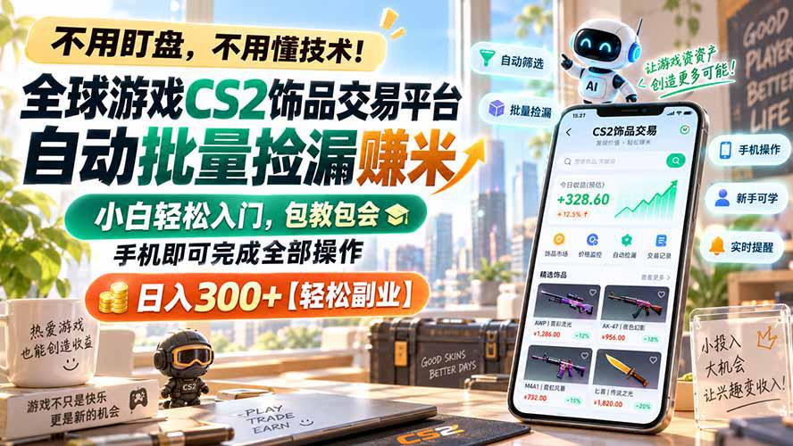 全球游戏CS2饰品交易平台自动批量捡漏赚米，小白轻松入门，包教包会，手机即可完成全部操作，日入300+【轻松副业】-阿灿学库
