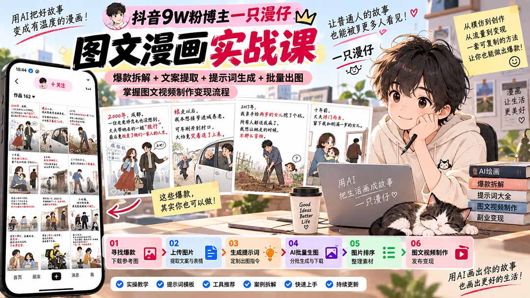 抖音9W粉博主一只漫仔图文漫画课：爆款拆解+文案提取+提示词生成+批量出图，掌握图文视频制作变现流程-阿灿学库