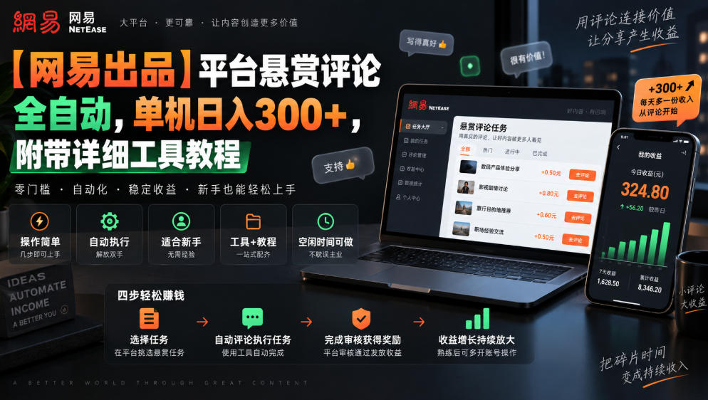 【网易出品】平台悬赏评论全自动，单机日入300+，附带详细工具教程【揭秘】-阿灿学库