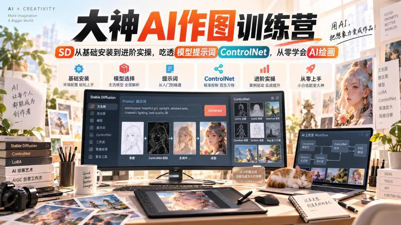 大神AI作图训练营,SD从基础安装到进阶实操,吃透模型提示词ControlNet,从零学会AI绘画-阿灿学库