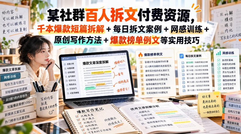 某社群百人拆文付费资源,千本爆款短篇拆解+每日拆文案例+网感训练+原创写作方法+爆款榜单例文等实用技巧(持续更新)-阿灿学库