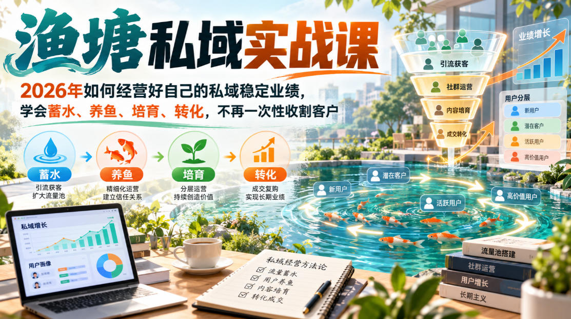 渔塘私域实战课，2026年如何经营好自己的私域稳定业绩，学会蓄水、养鱼、培育、转化，不再一次性收割客户-阿灿学库