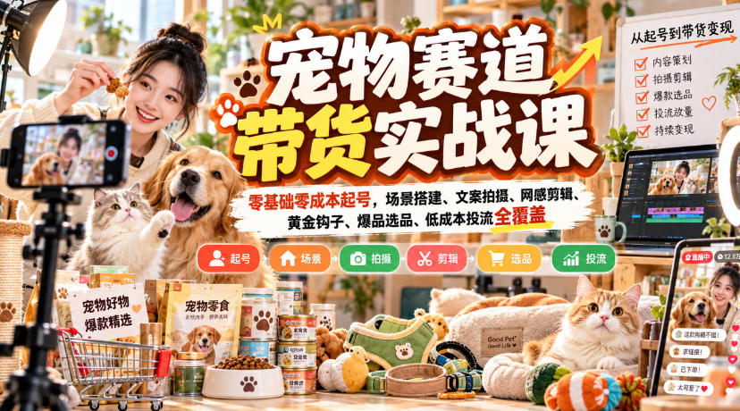宠物赛道带货实战课,零基础零成本起号,场景搭建、文案拍摄、网感剪辑、黄金钩子、爆品选品、低成本投流全覆盖-阿灿学库