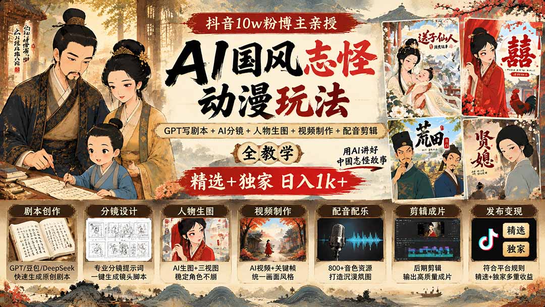 抖音10w粉博主亲授AI国风志怪动漫玩法｜GPT写剧本+AI分镜+人物生图+视频制作+配音剪辑全教学｜精选+独家日入1k+-阿灿学库