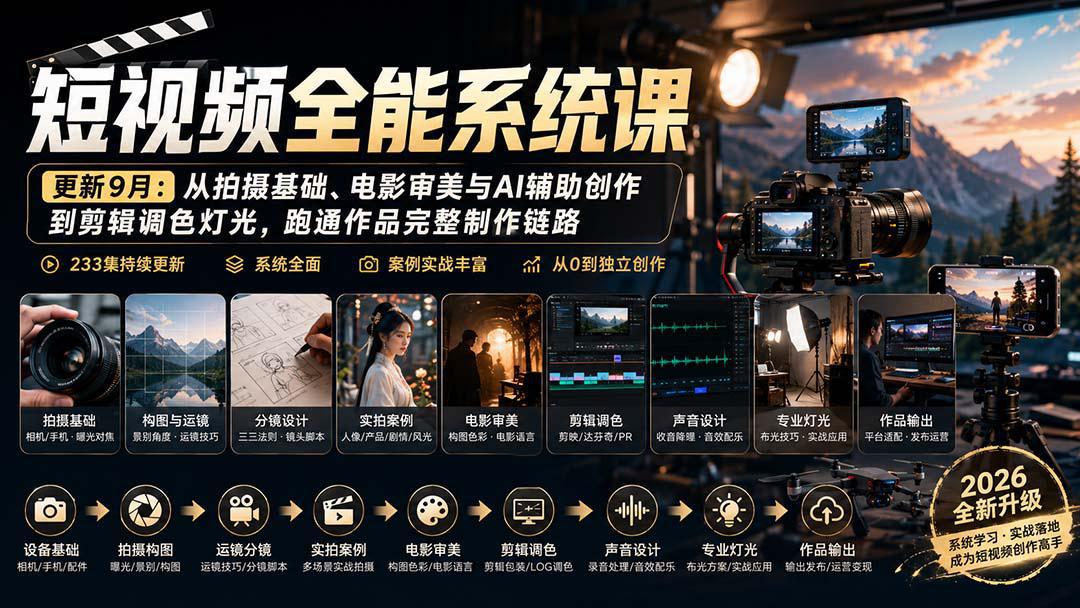 短视频全能系统课-9月完整版:从拍摄基础、电影审美与AI辅助创作到剪辑调色灯光,跑通作品完整制作链路-阿灿学库